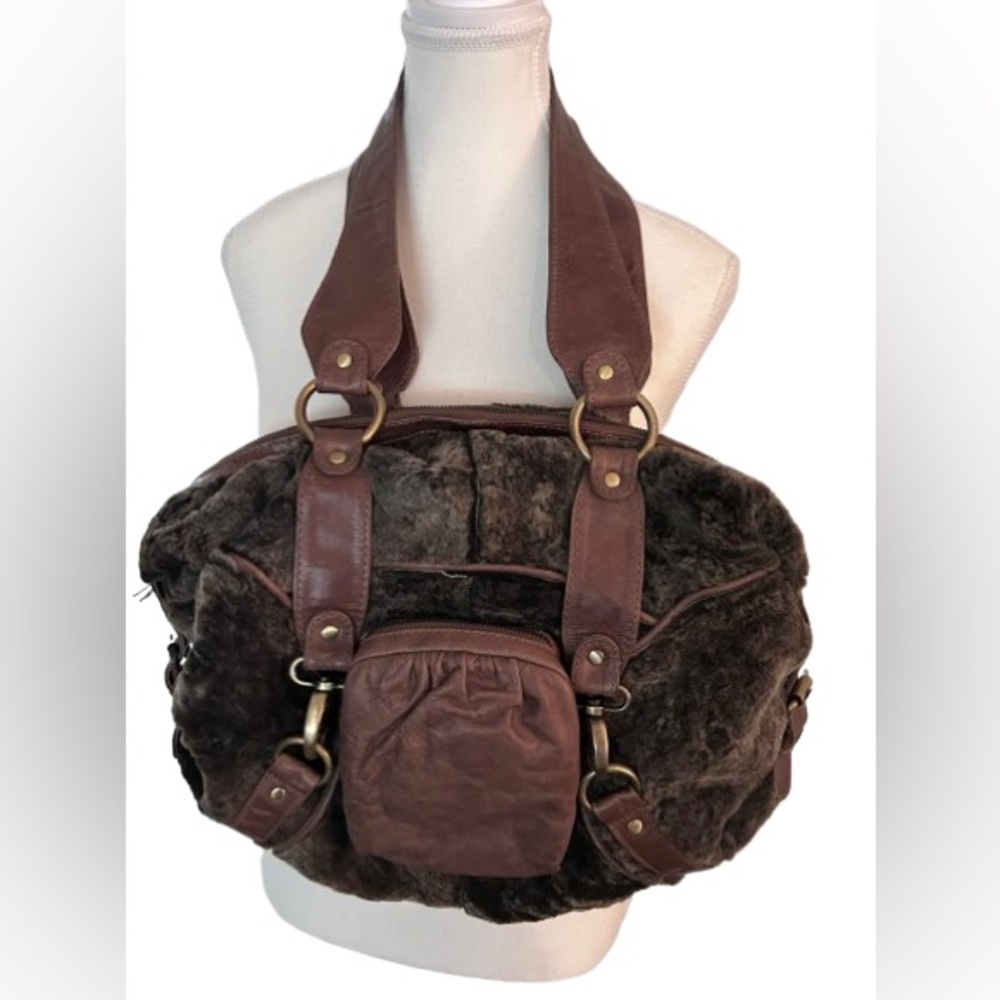 Clever Carriage Company Faux Fur Brown Leather Purse Handbag Wallet Designer